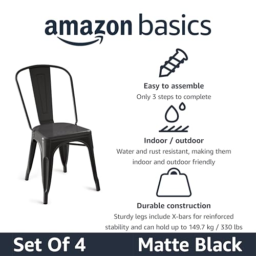Amazon Basics Metal Dining Chairs, Easy to Assemble, Indoor/Outdoor, Stackable, Matte Black, 4-Pack by Amazon Basics - Image 2
