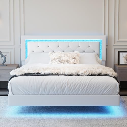KEIKI Queen Size Floating Platform Bed Frame with Diamond Tufted Headboard, Upholstered Bed with LED Lights, 5.7" Under Bed Clearance, Sturdy Slat Support, No Box Spring Required, Beige by KEIKI - Used condition - US$196.10
