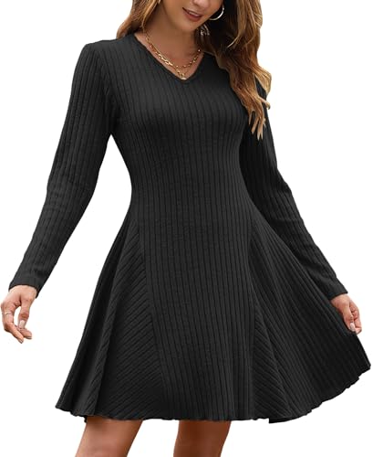 AUSELILY Strickkleid Damen Herbst Leichte A Linie Herbstkleid Langarm Kleider V Ausschnitt Winterkleid Elegant Pulloverkleid Schwarz L