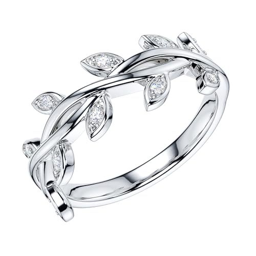 THELANDA Genuine Moissanite or Simulated Round Brilliant Diamond Sterling Silver Twisted Olive Branch Leaves Band Wedding Ring2