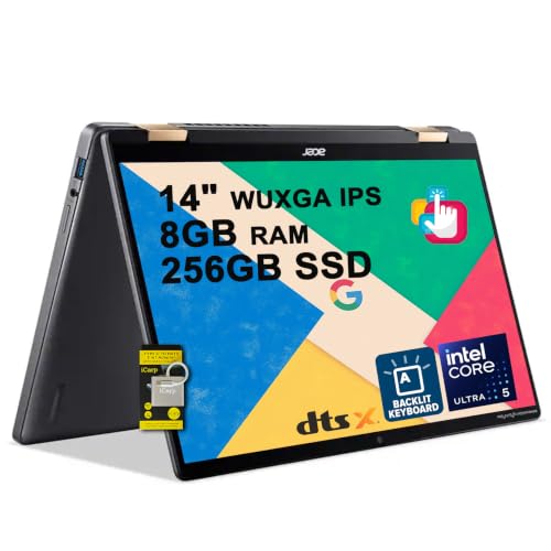 Acer Chromebook Plus Spin 714 2-in-1 Laptop 14 WUXGA IPS Touchscreen (100% sRGB) Intel 8-core Ultra 5 115U 8GB RAM 256GB SSD Backlit Type-c Long-Lasting Battery ICP Hub w/Google AI