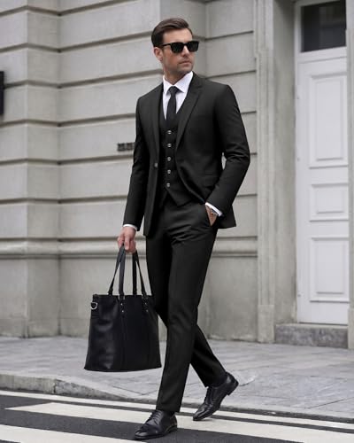 Image of Cooper & Nelson Men's Suit Slim Fit, 3 Piece Suits for Men, One Button Solid Jacket Vest Pants with Tie, Tuxedo Set