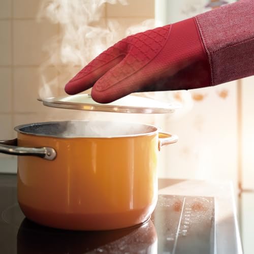 Heat Resistant Silicone Oven Mitts with Quilted Cotton Lining, 1 Pair Non - Slip Extra Long Oven Gloves for BBQ, Cooking, Baking, Grilling, Barbecue, Mimicrowave, Machine Washable (Red) by RED LMLDETA - Image 5