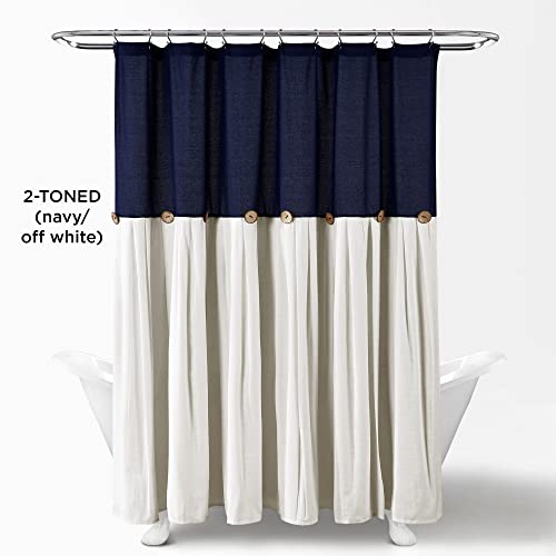 Image of Lush Decor Linen Button Shower Curtain, 72 inch W x 72 inch L, Navy & Off White - Navy Blue Shower Curtain Fabric - Bathroom Curtain - Farmhouse Bathroom Decor