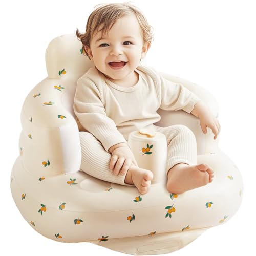 Image of Inflatable Baby Seat for Learning to Sit & Feeding (3-36 Months) with Built-in Air Pump - Anti-Tip, Ergonomic & Portable Floor Seat (L Olive Leaf)