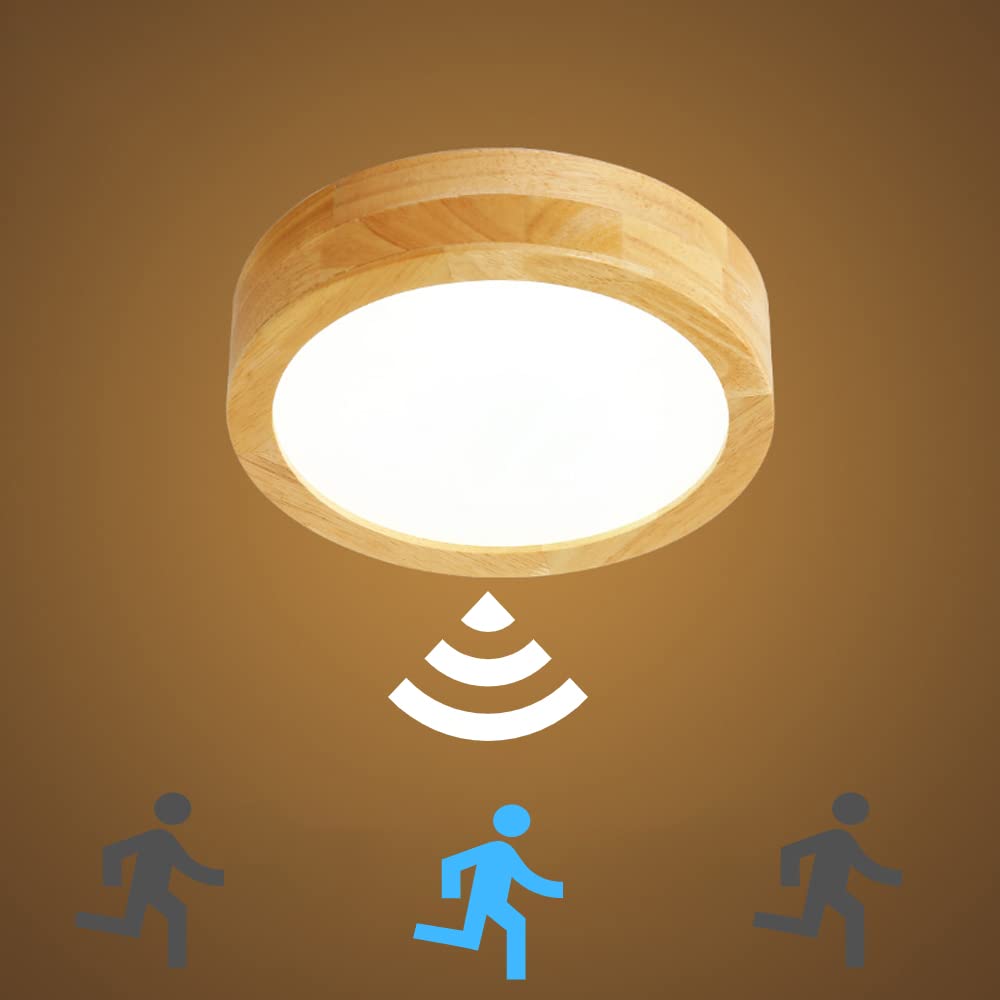 LED Deckenlampe mit Bewegungsmelder 12W - Holz Deckenleuchte mit Bewegungssensor Sensor und Dämmerungssensor - Wood Deckenbeleuchtung für Flur, Treppe, Veranda, Garage, Korridor, Balkon, Keller