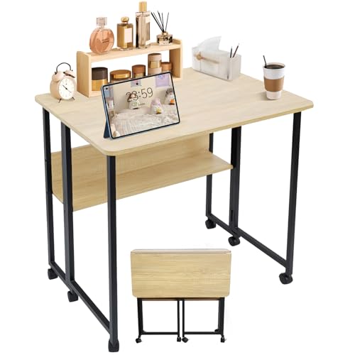 KEBMCHN Mesa plegable con estante, 80 x 60 x 75 cm, escritorio plegable con ruedas, madera maciza y acero al carbono, ahorra espacio, multifuncional, oficina en casa, oficina, salón (color madera)