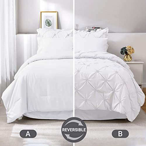 JOLLYVOGUE White Cal King Size Comforter Sets 7 Pieces, Pintuck Bed in a Bag Comforter Set for Bedroom, Bedding Comforter Sets with Comforter, Sheets,Ruffled Shams & Pillowcases