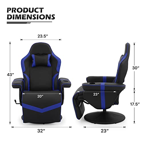 Monibloom Reclining Gaming Chair Ergonomic Game Recliner Chair Adjusted Pu Leather Reclining Video Gaming Single Sofa With Retractable Footrest, Swivel Theater Seating Gaming Couch W/Cup Holder, Blue #TOP2