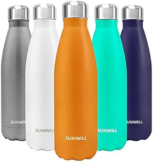 SUNWILL Water Bottle, Insulated Stainless Steel Sports Bottle 500ml, Reusable Vacuum Thermal Water Flask, Double Wall, For Hot and Cold Drinks