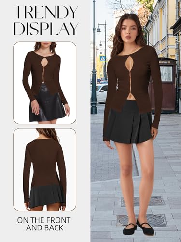 Image of Ribbed Long Sleeve Tops for Women Cut Out Ribbed Knit Crewneck Sweater Fall Slim Fit Going Out Top