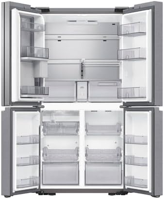 Interior view of the SAMSUNG RF65DG960ESL refrigerator with all doors open, showing empty shelves and drawers.