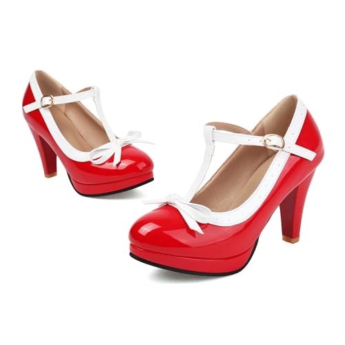 Image of ForeMode Fashion Women T-Strap High Heels Bow Platform Round Toe Pumps Leather Summer Sweet Shoes