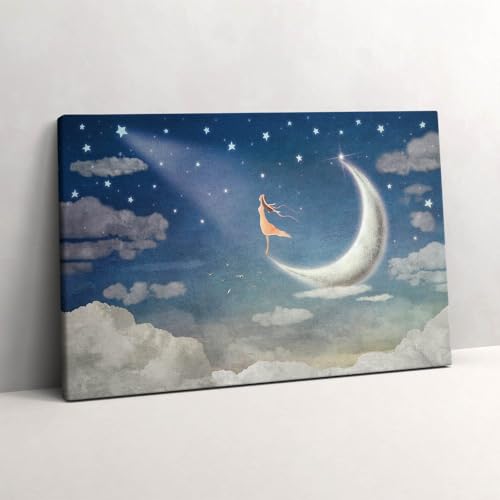 Photo sur Toile Fille sur la lune décoration murale chambre 60x40cm tableau nuit étoilée