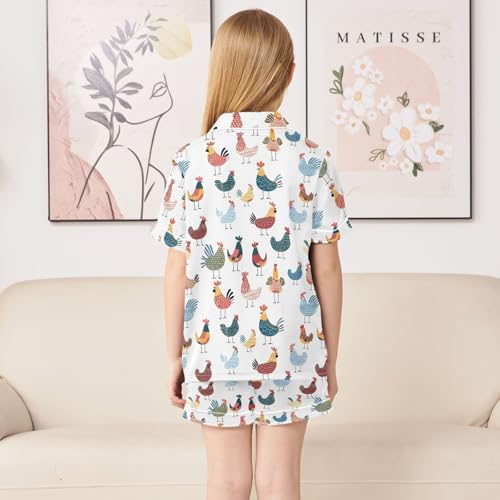 Colorful Cartoon Chicken Summer Satin Pajama Set, Cute Button-Down Sleepwear Pj Set for Sleep Wears4