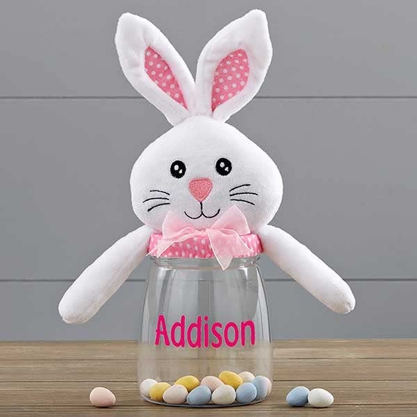 Personalization Universe Easter Bunny Personalized Easter Bunny Candy Jar, Easter Basket Stuffer, Pink or Blue Polka Dot, Custom Name Easter Decoration - Pink