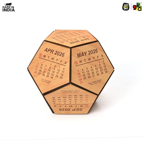 Image of GKD Wooden Pentagon Perpetual Calendar 2026 for Office Desk | 6 Inch Wooden Desk Calendar | Office Table Decor, Executive Desk Accessory, Corporate Gift