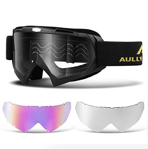 AULLY PARK Motorcycle Goggles, Dirt Bike Goggles Grip For Helmet, ATV Motocross Mx Goggles Glasses with 3 Lens Kit Fit for Men Women Youth Kids