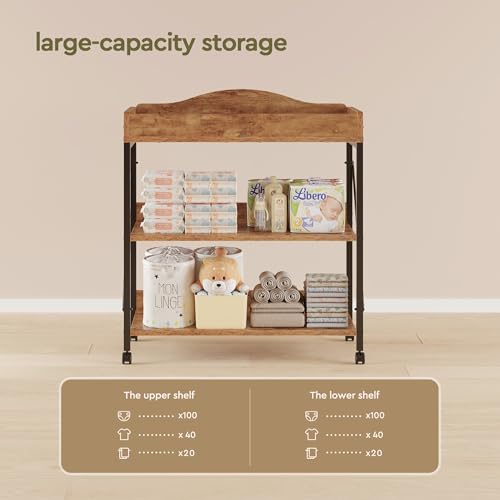 Image of Baby Changing Table, Diaper Station with Pad, 2-Tier Shelves, Rustic Brown