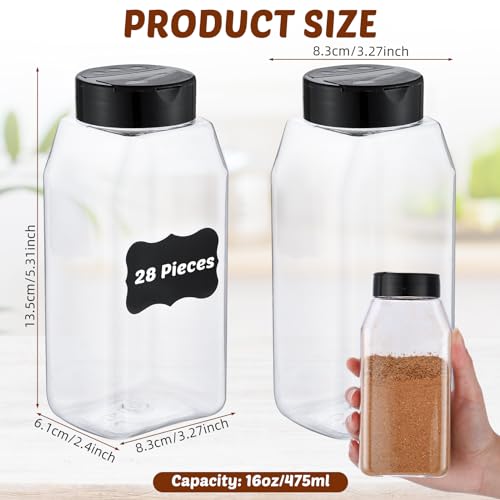 Mifoci 28 Pack 16 oz Plastic Spice Jars with Cap Square Plastic Bottle Containers with Shaker Lids and Stickers Large Seasoning Shaker Empty Powder Storage Container for Storing Salt Herbs (Black)