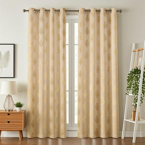Image of Premium Velvet Door Curtains 7 Feet Long, Golden Foil Matka Design Room Darkening Curtains for Door, Thermal Insulated Parda 4 Feet X 7 Feet (48 Inch X 84 Inch)-1 Pcs Cream Colour