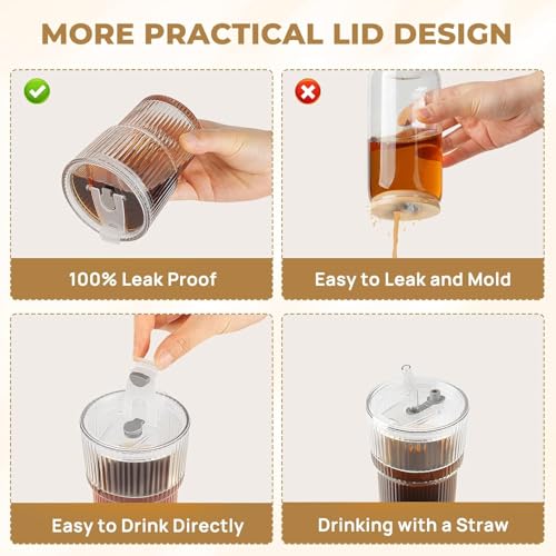 Image of KHOLAD Glass Water Tumbler with Straw and Lid Sealed Carry On Thick Wall Iced Coffee Sipper Cup Glass Cup for Water, Iced Tea Fruit Juice Set of 1, 400ml (Clear)