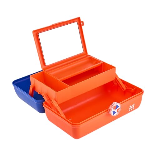 Image of Caboodles School Spirit On-The-Go Girl Makeup Box, Blue Over Orange, Hard Plastic Makeup Organizer Box, Built-In Mirror, Secure Latch for Safe Travel, Spacious Storage for Large Items