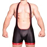 FakeFace Herren Bodysuit Elastisch – Sexy Wrestling Singlet Männer, Enganliegender Einteiler, Glänzend & Atmungsaktiv, Ärmellos Jumpsuit für Fitness, Club, Cosplay (Schwarz)