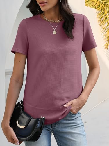 Image of ANRABESS Womens Waffle Knit Tops Short Sleeve Crewneck Shirts Curved Hem Summer Dressy Casual Blouses Spring Fashion Clothing