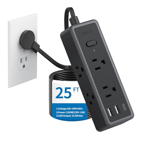 NTONPOWER Extension Cord 25 ft, 1080 Joules Surge Protector Power Strip with 6 Widely Outlets 3 USB (1 USB C), Long Extension Cord for Home Office Dorm Room Essentials 25 ft Black