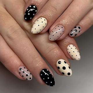 24 Stück Kurze Mandelförmige Weiße French-Tip-Kunstnägel,Press-on-Kunstnägel Schwarz mit Polka-Dots-Design, Nagelspitzen-Set für Frauen und Mädchen