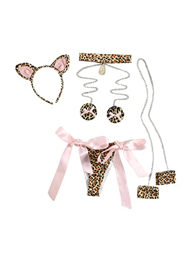 Wdirara Women's 4 Pieces Leopard Print Chain Strap Bow Lingerie Costume Set Multicolored One-Size #TOP6