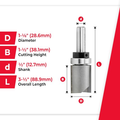 Image of Amana Tool 45468 Carbide Tipped Flush Trim Plunge Template Router Bit 1-1 /8 Dia x 1-1 /2 x 1 /2 Inch Shank with Upper Ball Bearing