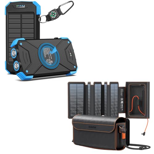 BLAVOR Portable Foldable Solar Charging Pack with Built-in USB-C Cable & Crossbody Lanyard, Plus Solar Charger Power Bank 10,000mAh, 20W PD, Waterproof for Outdoor Camping Hiking Backpacking