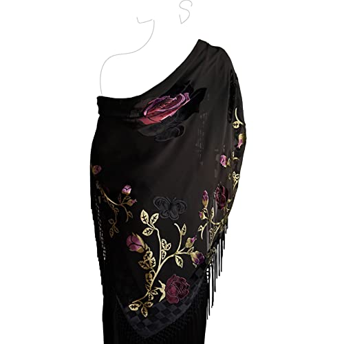 Silk Base Burn-out Velvet Square Shawl, Rose pattern,Wine+Olive on Black,42"x42", 8" Net Tassel2