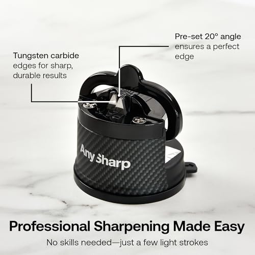 AnySharp Knife Sharpener, Hands-Free Safety, PowerGrip Suction, Safely Sharpens All Kitchen Knives, Ideal for Hardened Steel & Serrated, World's Best, Compact, One Size, Carbon Fibre Design