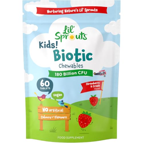 Kids Biotic Tablets 180 Billion CFU Per Pack | 3 Billion CFU x 60 Vegan Chewables | with Lactobacillus and Acidophilus | Strawberry and Cream Flavour | By Lil Sprouts