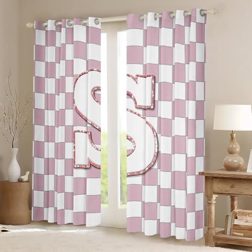 Image of Erosebridal Pink Initial S Window Drapes Kawaii Plaid Checkered Blackout Curtains 38 inchWx45 inchL Cute Personalized Monogram Curtains for Kids Girls Bedroom,Fashion Grids Gingham Window Treatments 2 Panels