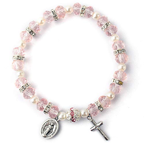 Hanlincc Women'S Beaded Stretch Rosary Bracelet With Crucifix And Miraculous Medal cover