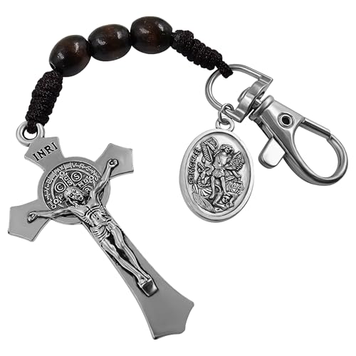 Image of TALISMAN4U Catholic Rosary Keychain for Car St Benedict Cross Saint Michael Guardian Angel Medal Pocket Rosary Key Chain Religious Accessory Wood Beads