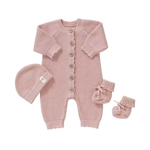 Lista de Punto para Bebé los 5 mejores. 38 YIXPOH - Suéter de algodón orgánico para bebé de punto con gorro y botines, conjunto de 3 piezas, conjunto de manga larga para niños y niñas, Rosado, 0-1Moths
