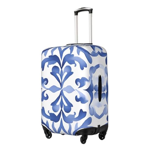 Retro Blue Tiles Flower Elastic Travel Luggage Cover, Washable Spandex Suitcase Protector, Anti-Scratch Fits 18-32 Inch2