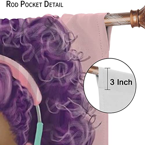 Shelifestyle African American Black Girl Window Curtain, Black Girl Purple Hair With Headphone Room Darkening Door Window Rod Pocket Curtain For Girls Teens Woman Bedroom Living Room 42X45In #TOP5
