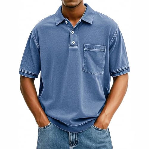 Herren Kurzarm Poloshirt mit Knopfleiste und Taschen Einfarbig Klassisch Golfshirt Sommer Tennis Funktionsshirt Atmungsaktives Golf Lässig Polohemd Outdoor Sport Tshirt Kurzarmshirt Freizeit