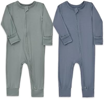 Aablexema Rayon of Bamboo Baby Footless Pajamas Romper(Olive&Blue,12-18M)