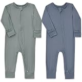 Aablexema Baby Footless Pajamas Zipper with Mitten, Rayon from Bamboo, Infant Long Sleeve Romper Pjs (US, Age, 18 Months, 24 Months, Olive & Moonlight Blue)