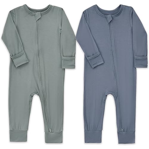 Aablexema Rayon of Bamboo Baby Footless Pajamas Romper(Olive&Blue,12-18M)
