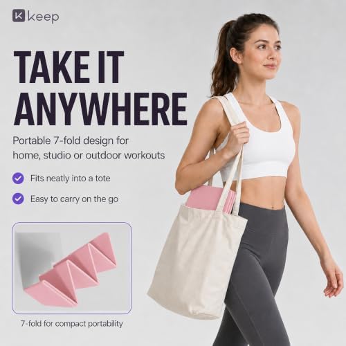 KEEP Foldable Yoga Mat, 7mm Thick High Density TPE Exercise Mat, Double Sided Non-Slip Folding Fitness Mat for Home Gym Workouts, Pilates and Stretching, Lays Perfectly Flat, Pale Pink — view 6