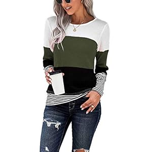 SMENG Ladies Long Sleeve Oversized T Shirt Striped Crewneck Pullover Tunic Patchwork Tops