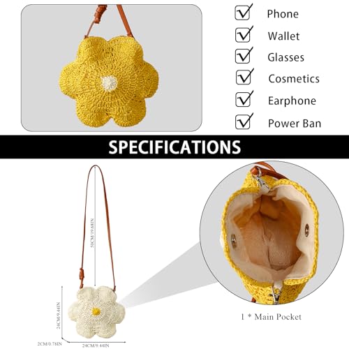 Straw Beach Bag, Summer Fashion Flower Purse Cute Hand-Woven Straw Crossbody Bags for Women Vacation Handbags (Beige)3